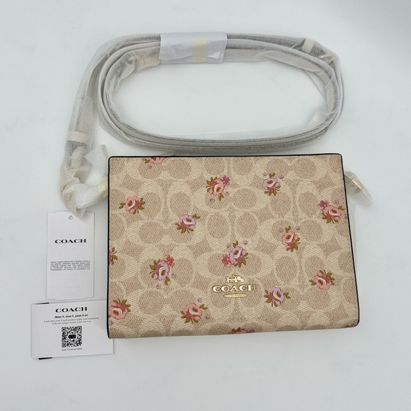 Coach Handbags - Coach Slim Crossbody Bag In Signature Canvas With Floral Print Gold Sand Multi